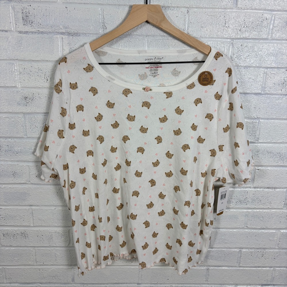 Poppy & Clay Pajama Top Womens 2X Cat Print Organic Cotton Pointelle Lounge